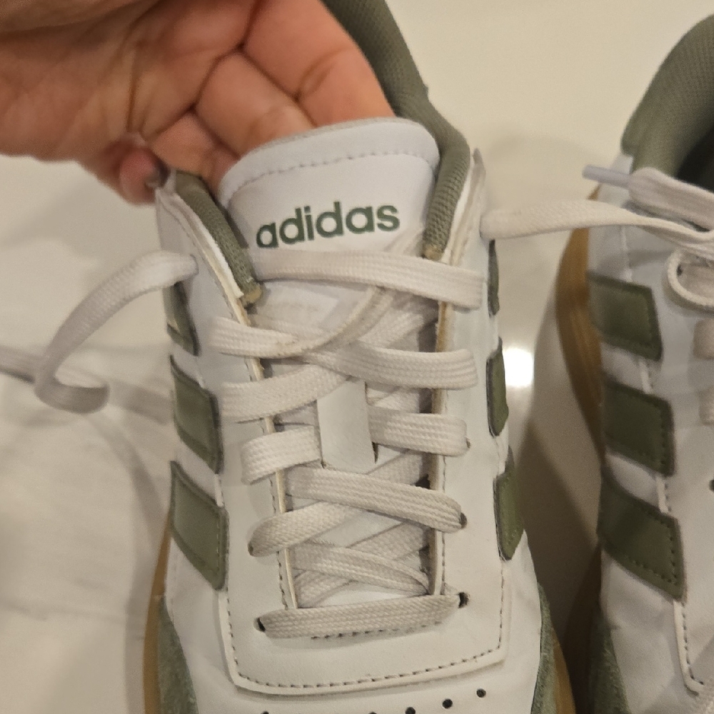 adidas White and Olive Green Sneakers with Gum Sole - Picture 5 of 7
